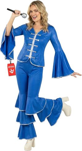 fun shack 70 Disco Costume for Women Blue Flares, Disco Queen Jumpsuit, Retro Dance Outfit for Parties in Saudi Arabia