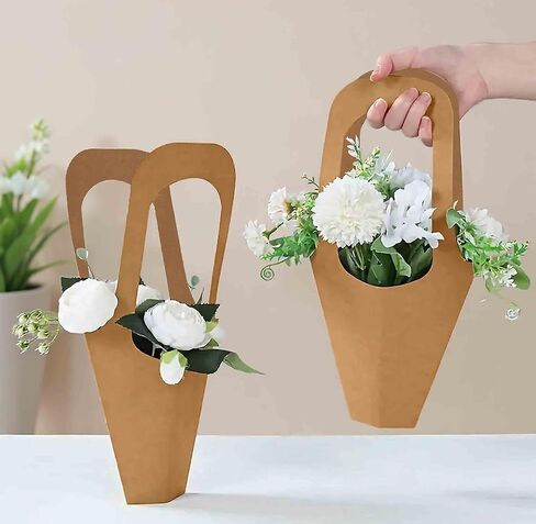 50 Pack Kraft Paper Flower Bouquet Holders – Cardboard Floral Wrap Cones, DIY Bouquet Sleeves with Handles, Wedding, Florist, Gift Wrapping Supplies in Kuwait