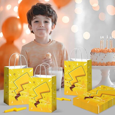 24Pcs Lightning Bolts Gift Bags with Handles Yellow Cartoon Party Treat Candy Bags Yellow Animation Birthday Paper Gift Goodie Bag for Boys Birthday Party Favors in Saudi Arabia
