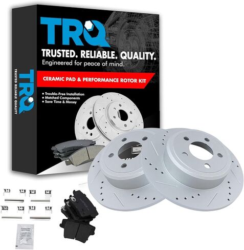 TRQ Rear Brake Pad and Rotor Set Ceramic Drilled Slotted G Coated Rotors Compatible with 2005-2021 Chrysler 300 2009-2021 Dodge Challenger 2006-2021 Charger 2005-2008 Magnum in Kuwait