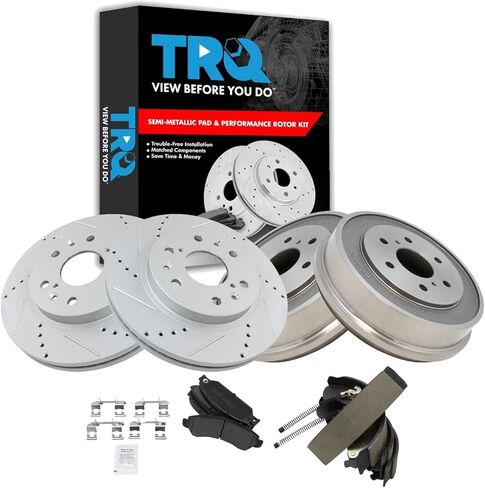 TRQ Front & Rear Brake Pad & Rotor,Shoe & Drum Kit Premium G-Coated Semi-Metallic Performance Slotted X Drilled Compatible with 2009-2014 Nissan Cube 2007-2012 Sentra Versa in Kuwait