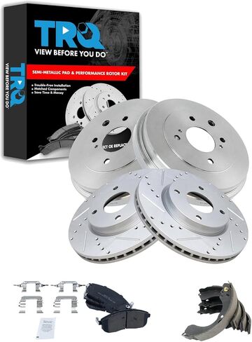 TRQ Front & Rear Brake Pad & Rotor,Shoe & Drum Kit Premium G-Coated Semi-Metallic Performance Slotted X Drilled Compatible with 2009-2014 Nissan Cube 2007-2012 Sentra Versa in Kuwait