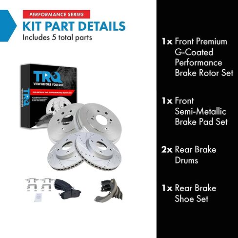 TRQ Front & Rear Brake Pad & Rotor,Shoe & Drum Kit Premium G-Coated Semi-Metallic Performance Slotted X Drilled Compatible with 2009-2014 Nissan Cube 2007-2012 Sentra Versa in Kuwait