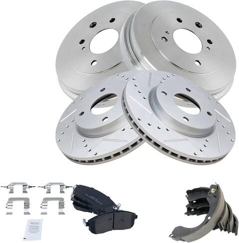 TRQ Front & Rear Brake Pad & Rotor,Shoe & Drum Kit Premium G-Coated Semi-Metallic Performance Slotted X Drilled Compatible with 2009-2014 Nissan Cube 2007-2012 Sentra Versa in Kuwait