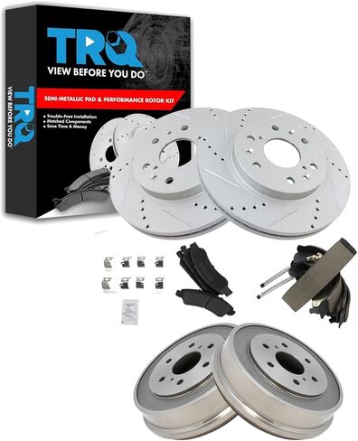 TRQ Front & Rear Brake Pad & Rotor,Shoe & Drum Kit Premium G-Coated Semi-Metallic Performance Slotted X Drilled Compatible with 2009-2014 Nissan Cube 2007-2012 Sentra Versa in Kuwait