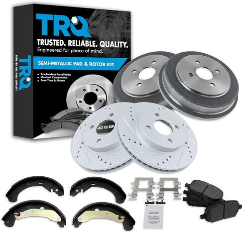 TRQ Front & Rear Brake Pad & Rotor,Shoe & Drum Kit Premium G-Coated Semi-Metallic Performance Slotted X Drilled Compatible with 2009-2014 Nissan Cube 2007-2012 Sentra Versa in Kuwait