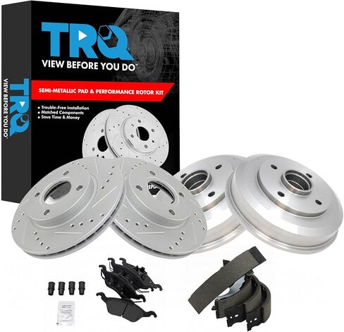 TRQ Front & Rear Brake Pad & Rotor,Shoe & Drum Kit Premium G-Coated Semi-Metallic Performance Slotted X Drilled Compatible with 2009-2014 Nissan Cube 2007-2012 Sentra Versa in Kuwait