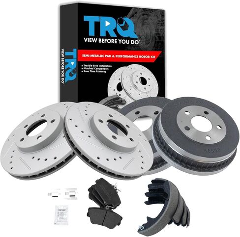 TRQ Front & Rear Brake Pad & Rotor,Shoe & Drum Kit Premium G-Coated Semi-Metallic Performance Slotted X Drilled Compatible with 2009-2014 Nissan Cube 2007-2012 Sentra Versa in Kuwait