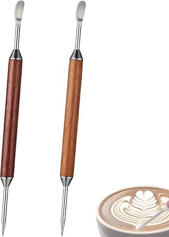 2-Pack Latte Art Pen, Double-Ended Stainless Steel Coffee Art Pen with Wood Handle, Professional Barista Tools & Gifts for Espresso & Latte Arts Designs, Home and Cafe Use in Saudi Arabia