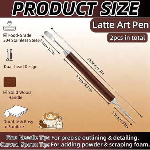 2-Pack Latte Art Pen, Double-Ended Stainless Steel Coffee Art Pen with Wood Handle, Professional Barista Tools & Gifts for Espresso & Latte Arts Designs, Home and Cafe Use in Saudi Arabia