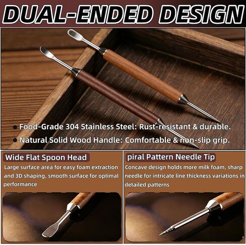 2-Pack Latte Art Pen, Double-Ended Stainless Steel Coffee Art Pen with Wood Handle, Professional Barista Tools & Gifts for Espresso & Latte Arts Designs, Home and Cafe Use in Saudi Arabia