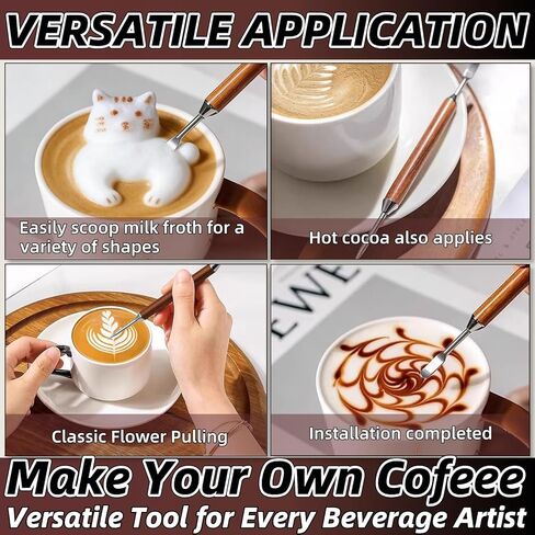 2-Pack Latte Art Pen, Double-Ended Stainless Steel Coffee Art Pen with Wood Handle, Professional Barista Tools & Gifts for Espresso & Latte Arts Designs, Home and Cafe Use in Saudi Arabia