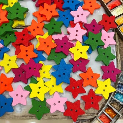 200 Pcs Colorful Wooden Star Buttons, 2 Holes Star Vintage Sewing Buttons, 18mm Hand Sewn Decorative Buttons for Clothes DIY Crafting Scrapbooking Card Making in Kuwait