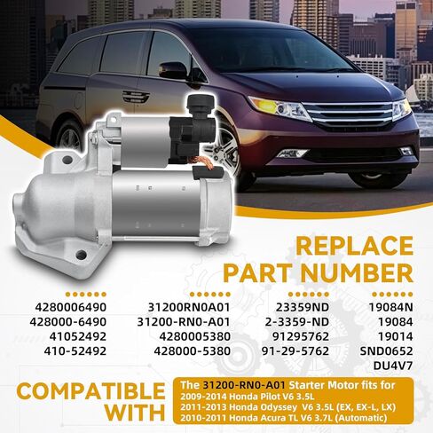 31200-RN0-A01 12V 1.8KW 19T CCW Starter Motor متوافق مع Honda Pilot 2009-2014 V6 3.5L، Odyssey 2011-2013 V6 3.5L (EX، EX-L، LX)، Acura TL 2010-2011 V6 3.7L (تلقائي)،428000-6490 in Kuwait