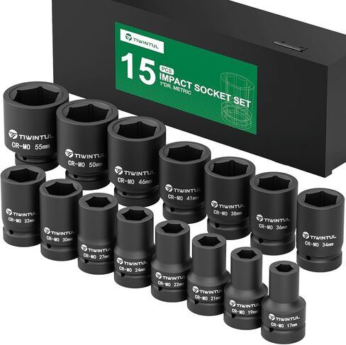 1-Inch Drive Deep Impact Socket Set,15 Pcs, Metric,CR-MO,17/19/21/22/24/27/30/32/34/36/38/41/46/50/55mm Heavy Duty Large Sockets for Truck, Excavator & Industrial Use, with Metal Case in Saudi Arabia