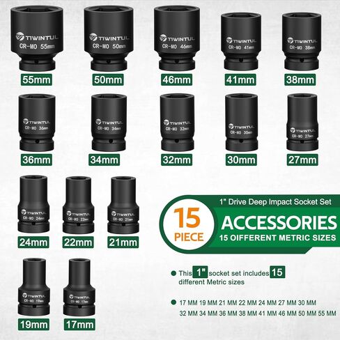 1-Inch Drive Deep Impact Socket Set,15 Pcs, Metric,CR-MO,17/19/21/22/24/27/30/32/34/36/38/41/46/50/55mm Heavy Duty Large Sockets for Truck, Excavator & Industrial Use, with Metal Case in Saudi Arabia