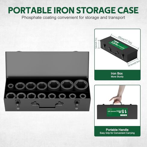 1-Inch Drive Deep Impact Socket Set,15 Pcs, Metric,CR-MO,17/19/21/22/24/27/30/32/34/36/38/41/46/50/55mm Heavy Duty Large Sockets for Truck, Excavator & Industrial Use, with Metal Case in Saudi Arabia