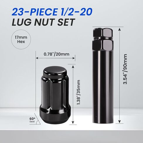 1/2‑20 Lug Nuts 23pcs, Replacement Fit for Wrangler 1987‑2018, Liberty 2002‑2012, Grand Cherokee 1993‑2010, 17mm Hex, Black Closed End Short Nuts with Socket Key in Saudi Arabia