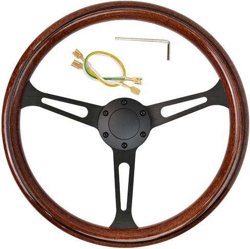 380 mm (15 inches) Wood Steering Wheel-Classic - ABS Wood with Polished Spokes 3 Aluminum Spoke Bracket 6 Bolts,Dish Depth 60MM-Universal Fit in Saudi Arabia