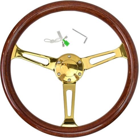 380 mm (15 inches) Wood Steering Wheel-Classic - ABS Wood with Polished Spokes 3 Aluminum Spoke Bracket 6 Bolts,Dish Depth 60MM-Universal Fit in Saudi Arabia