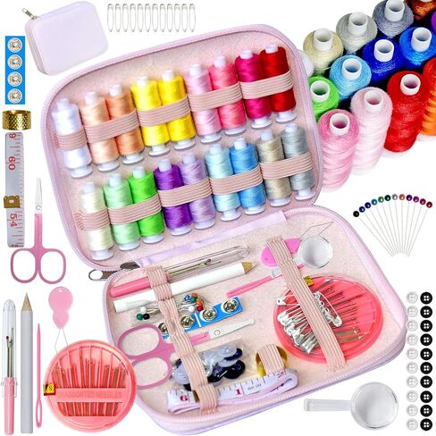 Sewing Kit with Case Portable Sewing Supplies for Home Traveler, Adults, Beginner, Emergency, Contains 18 Sewing Thread, Scissors, Needles, Measure etc (Pink) in Saudi Arabia