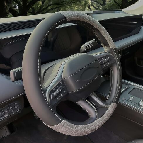 Steering Wheel Cover for GMC 14.5-15 inch, Car Steering Wheel Cover for GMC Sierra Acadia Terrain Yukon, Leather Anti-Slip Interior Protection Accessories for Women Men - Black & Gray in Saudi Arabia