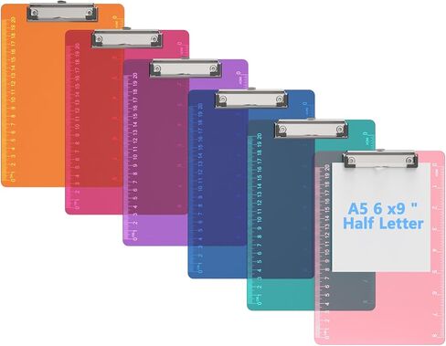 Bulk A5 Clipboards Set of 6, Colored Clear Clip Board with Ruler, Suitable for Classroom, Students, Kid, Size 6" x 9" with Low Profile Clip, Office & School Supply in Saudi Arabia