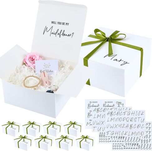 Bafeil 8 Set Bridesmaid Proposal Boxes - 8x8x4 inch Bridesmaid Boxes with DIY Name Transfer Stickers, Shredded Paper Filler, for Wedding Bridal Shower Baby Shower Birthday Party Favor, Sage Green in Saudi Arabia