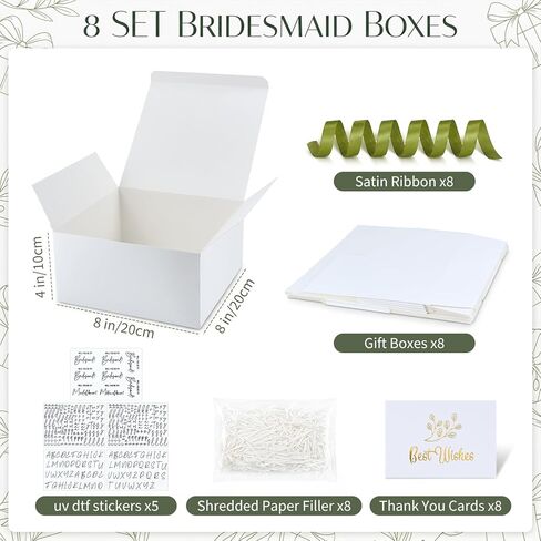 Bafeil 8 Set Bridesmaid Proposal Boxes - 8x8x4 inch Bridesmaid Boxes with DIY Name Transfer Stickers, Shredded Paper Filler, for Wedding Bridal Shower Baby Shower Birthday Party Favor, Sage Green in Saudi Arabia