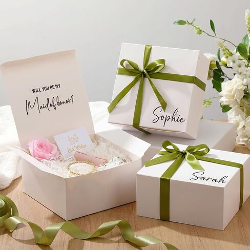 Bafeil 8 Set Bridesmaid Proposal Boxes - 8x8x4 inch Bridesmaid Boxes with DIY Name Transfer Stickers, Shredded Paper Filler, for Wedding Bridal Shower Baby Shower Birthday Party Favor, Sage Green in Saudi Arabia