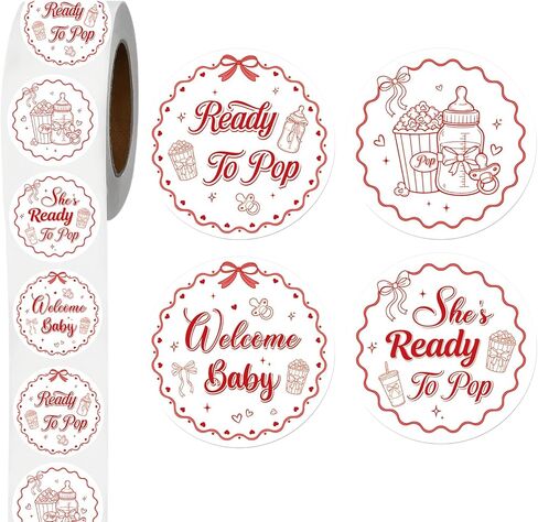 RiVolTa Baby Shower Round Stickers - 400 Pcs Red She's About to Pop Bottle Label Popcorn Welcome Newborn Gifts Gender Reveal Party Favors Decorations Waterproof Cup Decal for Girl Bag Packaging in Saudi Arabia
