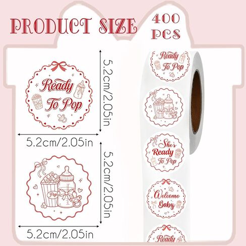 RiVolTa Baby Shower Round Stickers - 400 Pcs Red She's About to Pop Bottle Label Popcorn Welcome Newborn Gifts Gender Reveal Party Favors Decorations Waterproof Cup Decal for Girl Bag Packaging in Saudi Arabia