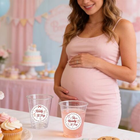 RiVolTa Baby Shower Round Stickers - 400 Pcs Red She's About to Pop Bottle Label Popcorn Welcome Newborn Gifts Gender Reveal Party Favors Decorations Waterproof Cup Decal for Girl Bag Packaging in Saudi Arabia
