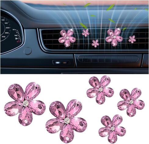 5PCS Bling Flower Car Air Vent Clip, Shiny Crystal Rhinestone Floral Air Conditioning Outlet Clamp, Diamond Auto Interior Vent Decor Clip for Women Girls, Universal for SUV Van Truck (Pink) in Saudi Arabia