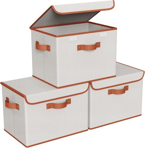 Univivi Heavy Duty Fabric Storage Bins with Lid, Large 17" 10 Gallon Stackable Storage Bins with Leather Handles, Decorative Storage Boxes with Lids for Bedroom, Closet, Nursery, Office, 3-Pack(Grey) in Saudi Arabia