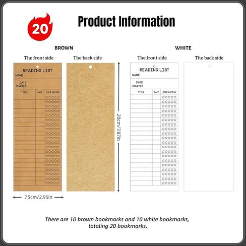 20 Pcs Reading List Bookmarks - 3x8 Inch Book Tracker & Reading Log Cards - White & Brown Bulk Book Marks for Book Lovers, Students, Teachers | Durable Cardstock Reading Accessories, Book Club Gifts in Saudi Arabia