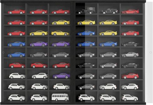 Model Car Display Case 24 x 17 in, Holds 54 Fits 1/64 Scale Toy car Storage Organizer,Wall-Mounted Toy Shelf Display Storage, Collapsible Wooden Box with 2 Acrylic Cover Plates (Only Box - Black) in Saudi Arabia
