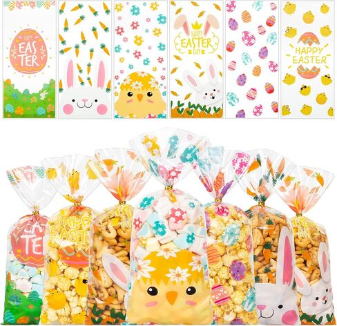 GOMANCHE 120 Pieces Valentine's Day Cellophane Bags, 6 Assorted Styles Valentines Treat Bags, Valentines Goodies Bags with 120 Pieces Gold Twist Ties for Valentines Party Favors Supplies in Kuwait