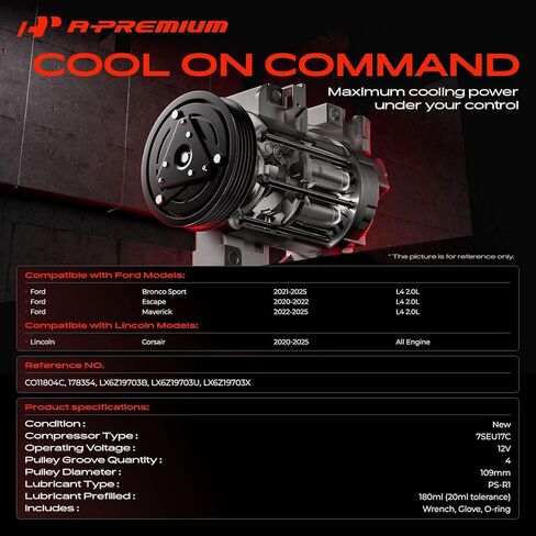 A-Premium Air Conditioner AC Compressor with Clutch Compatible with Ford Escape 2020-2022, Bronco Sport 2021-2023 & Lincoln Corsair 2020-2023, 2.0L 2.3L in Kuwait