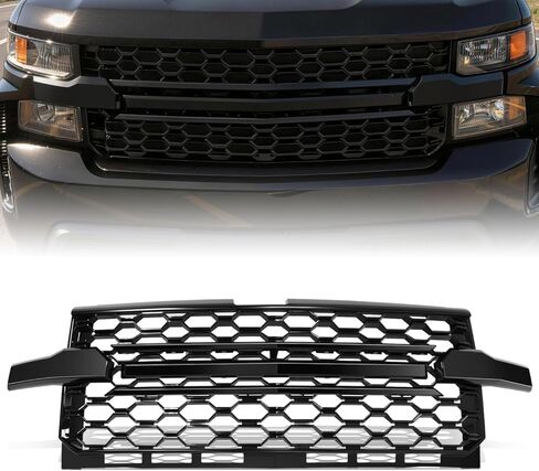 Auto Dynasty Front Bumper Grille Grill Compatible with 2019-2022 Chevrolet Silverado 1500 LTD, Fits WT, Custom, Custom Trail Boss Trims Only, Honeycomb Style Mesh, Glossy Black in Kuwait