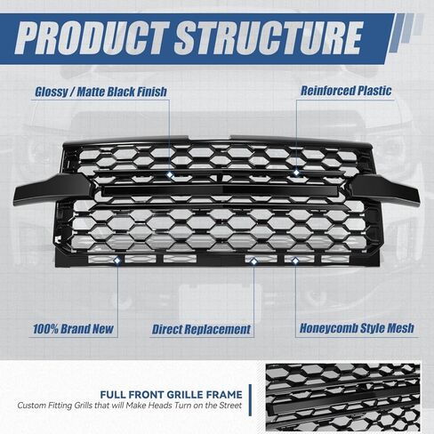 Auto Dynasty Front Bumper Grille Grill Compatible with 2019-2022 Chevrolet Silverado 1500 LTD, Fits WT, Custom, Custom Trail Boss Trims Only, Honeycomb Style Mesh, Glossy Black in Kuwait