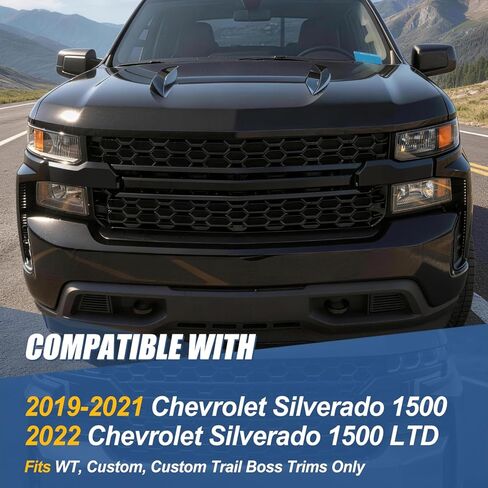 Auto Dynasty Front Bumper Grille Grill Compatible with 2019-2022 Chevrolet Silverado 1500 LTD, Fits WT, Custom, Custom Trail Boss Trims Only, Honeycomb Style Mesh, Glossy Black in Kuwait