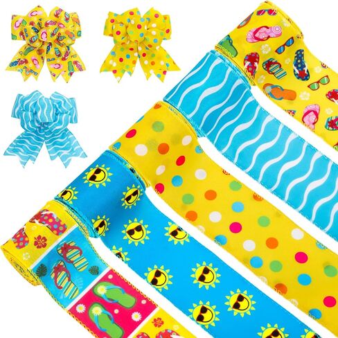 FYSUIMU 5 Rolls 30 Yards Summer Wired Edge Ribbons Flip Flop Beach Sunshine Fabric Craft Ribbon for Bow Wreath Gift Wrap Party Home Decor，2.5 Inch in Kuwait