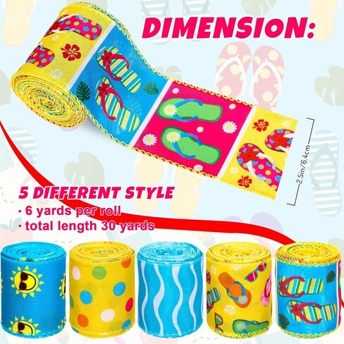FYSUIMU 5 Rolls 30 Yards Summer Wired Edge Ribbons Flip Flop Beach Sunshine Fabric Craft Ribbon for Bow Wreath Gift Wrap Party Home Decor，2.5 Inch in Kuwait