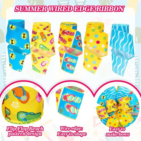 FYSUIMU 5 Rolls 30 Yards Summer Wired Edge Ribbons Flip Flop Beach Sunshine Fabric Craft Ribbon for Bow Wreath Gift Wrap Party Home Decor，2.5 Inch in Kuwait