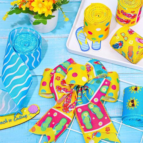 FYSUIMU 5 Rolls 30 Yards Summer Wired Edge Ribbons Flip Flop Beach Sunshine Fabric Craft Ribbon for Bow Wreath Gift Wrap Party Home Decor，2.5 Inch in Kuwait