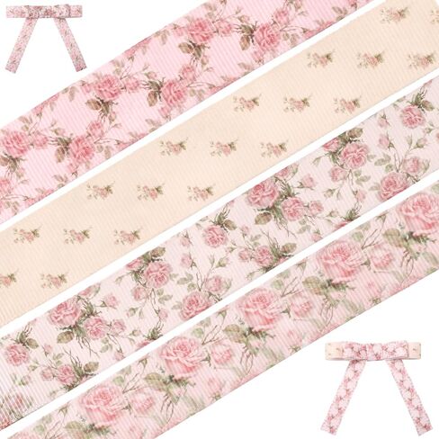 AnyDesign زهرة Grosgrain الشريط 4 لفات 0.8 بوصة خمر الوردي النسيج التفاف الشريط الوردي زهرة شرائط مطبوعة لربيع الطفل دش DIY الحرف إكليل القوس لوازم صنع، 20 ياردة in Kuwait