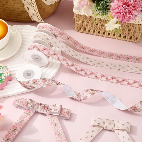 AnyDesign زهرة Grosgrain الشريط 4 لفات 0.8 بوصة خمر الوردي النسيج التفاف الشريط الوردي زهرة شرائط مطبوعة لربيع الطفل دش DIY الحرف إكليل القوس لوازم صنع، 20 ياردة in Kuwait