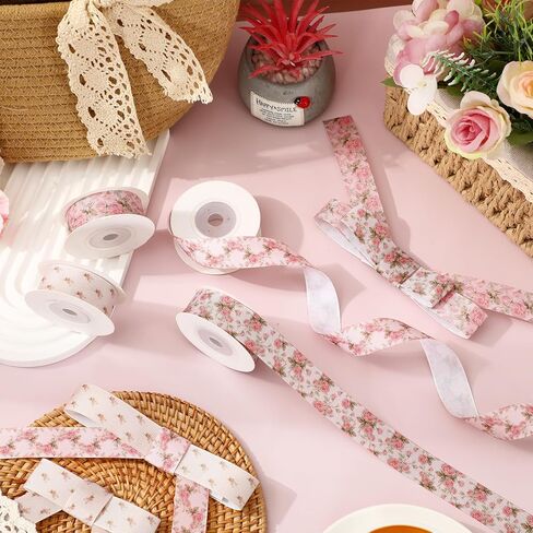 AnyDesign زهرة Grosgrain الشريط 4 لفات 0.8 بوصة خمر الوردي النسيج التفاف الشريط الوردي زهرة شرائط مطبوعة لربيع الطفل دش DIY الحرف إكليل القوس لوازم صنع، 20 ياردة in Kuwait