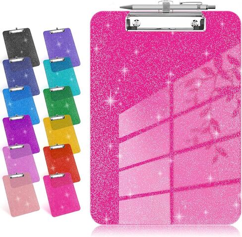 HWPRATO Glitter Clipboard with Pen Holder, Plastic Clipboards with Retractable Hook, Sparkly Clip Board for Nurse, Teather, Student, Coach (Hot Pink) in Kuwait